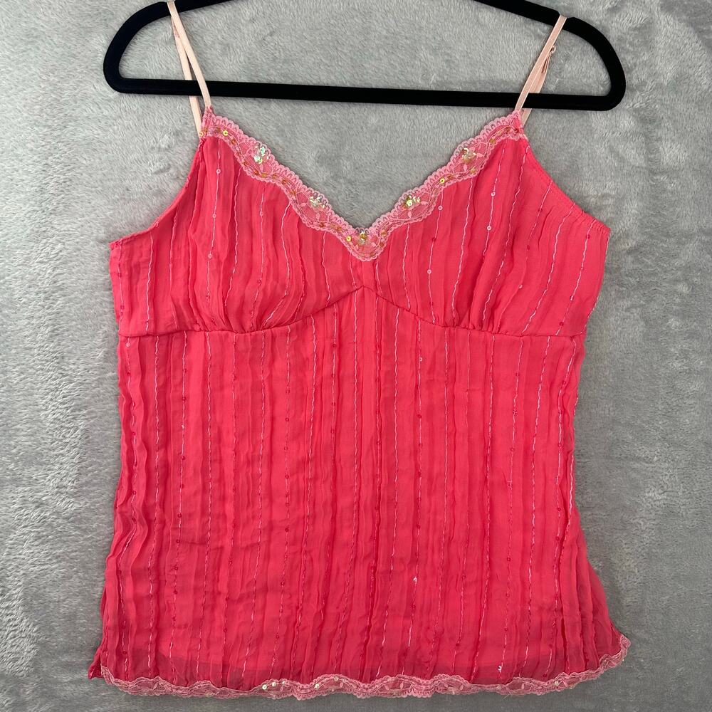 Y2K Coolwear Coral Pink Sequin Lace Babydoll Cami Top Chiffon Fairy Coquette XL